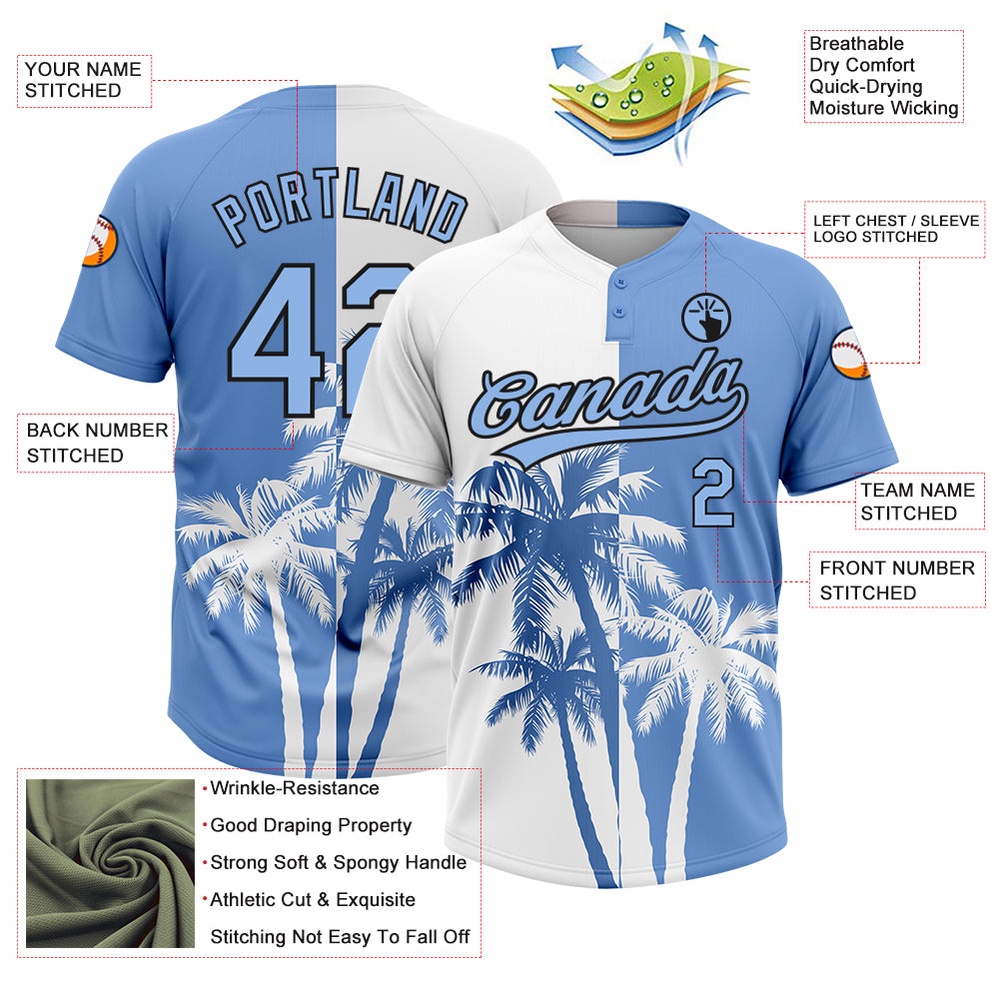 White Light Blue Black 3D Pattern Hawaii Coconut Trees Two Button Unisex Softball Jersey, Custom Team Softball Jersey White Light Blue Black 3D Pattern Hawaii Coconut Trees Two Button Unisex Softball Jersey, Custom Team Softball Jersey