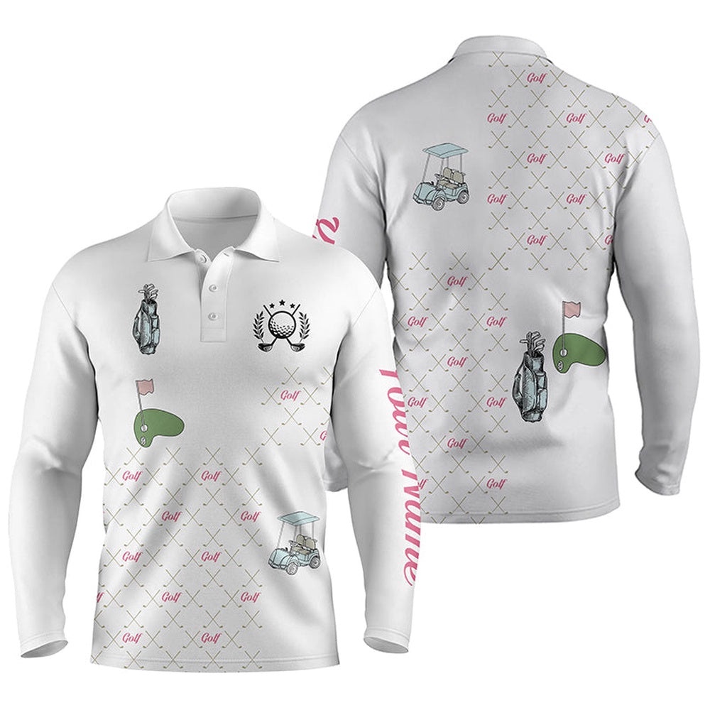 White Men’s Golf Polos Shirts Custom Golf Clubs Pattern Golf Shirt, Golf Shirt For Men Gift For Dad, Golf Polo Shirt, Golf Shirts