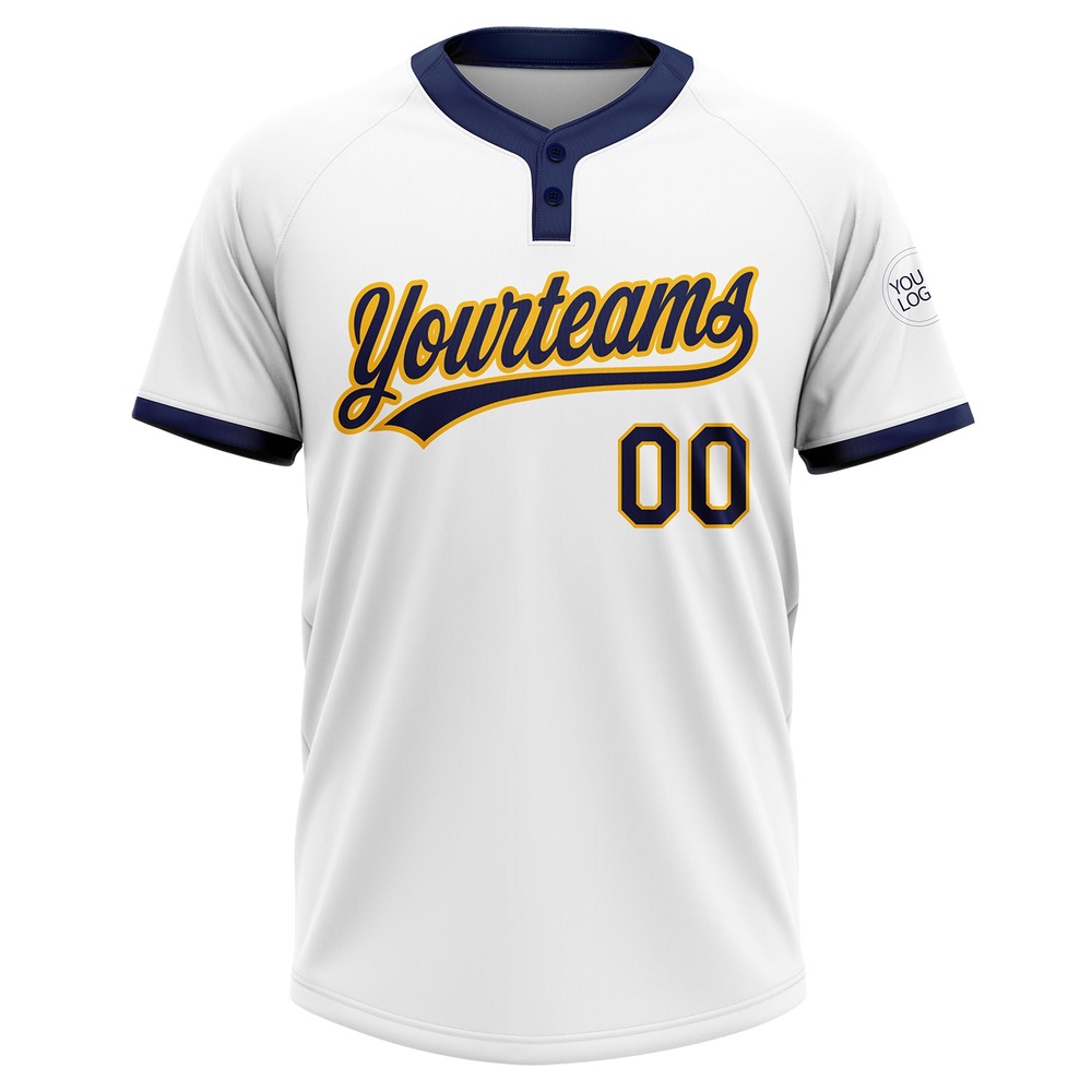 White Navy Gold Two Button Unisex Softball Jersey, Custom Team Softball Jersey