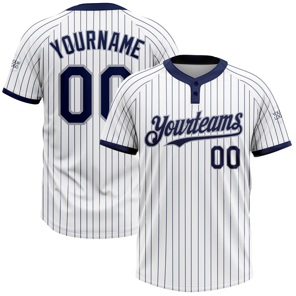 White Navy Pinstripe Gray Two Button Unisex Softball Jersey, Custom Team Softball Jersey