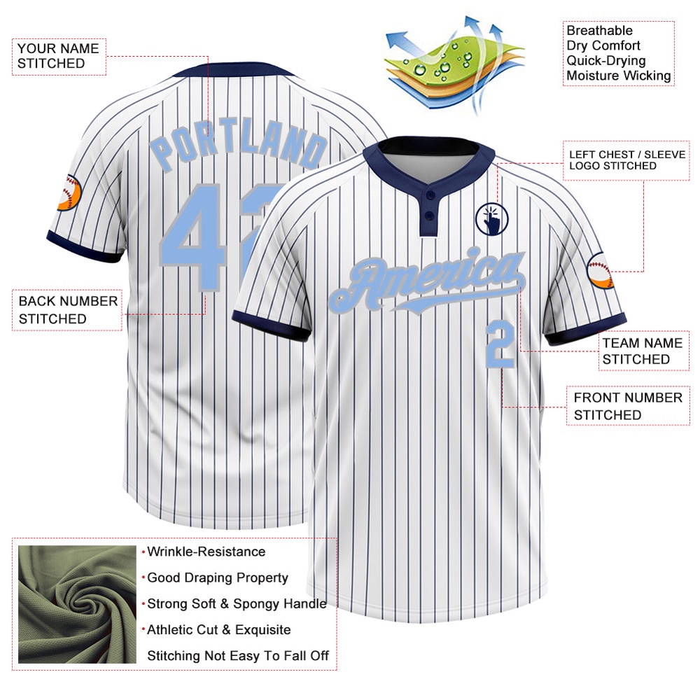 White Navy Pinstripe Light Blue Gray Two Button Unisex Softball Jersey, Custom Team Softball Jersey