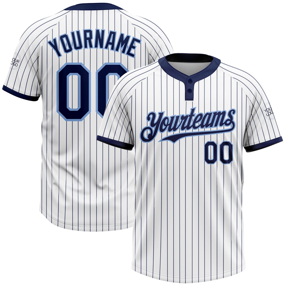 White Navy Pinstripe Light Blue Two Button Unisex Softball Jersey, Custom Team Softball Jersey