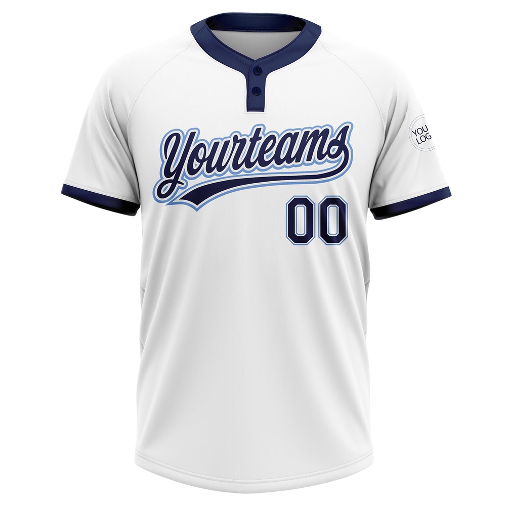 White Navy Powder Blue Two Button Unisex Softball Jersey, Custom Team Softball Jersey White Navy Powder Blue Two Button Unisex Softball Jersey, Custom Team Softball Jersey