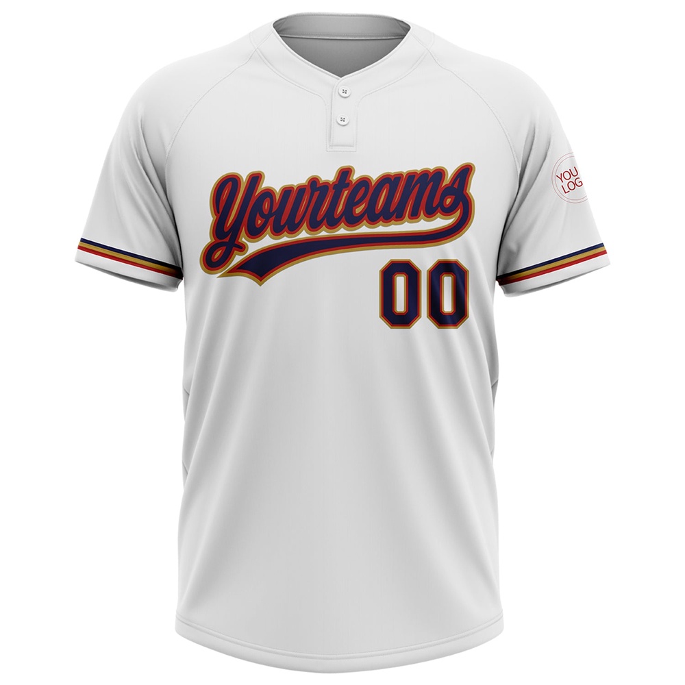 White Navy Red Old Gold Two Button Unisex Softball Jersey, Custom Team Softball Jersey