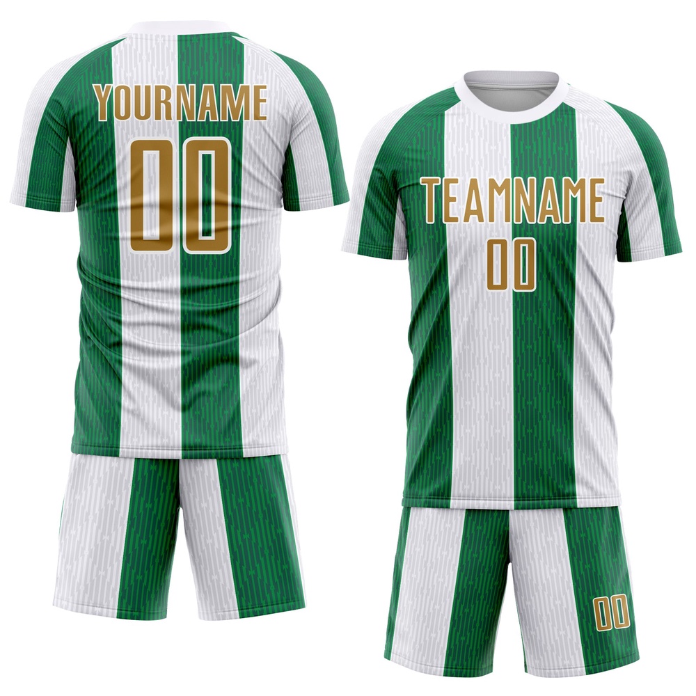White Old Gold Kelly Green Sublimation Soccer Uniform Jersey, Custom Team Soccer Jersey Shirt