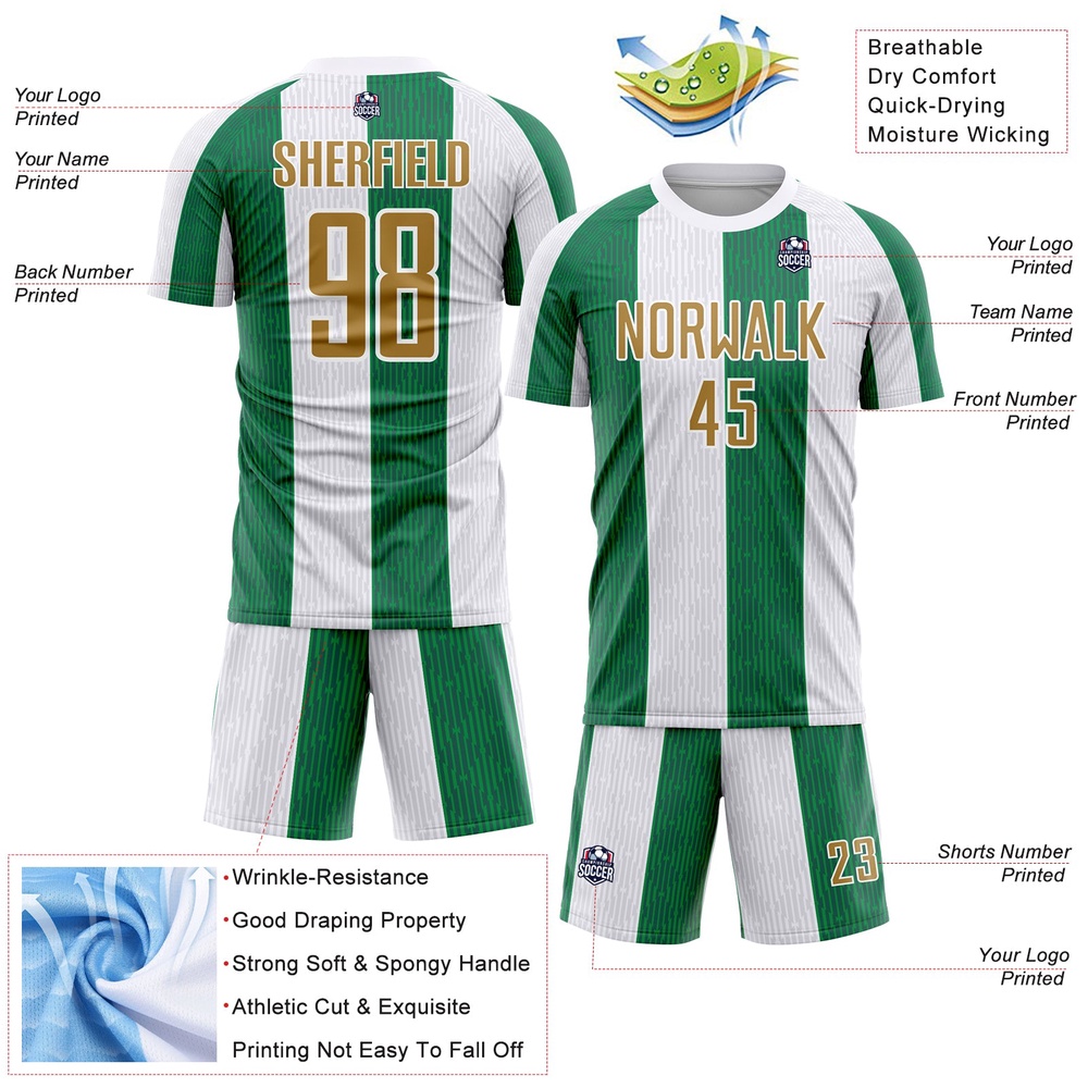 White Old Gold Kelly Green Sublimation Soccer Uniform Jersey, Custom Team Soccer Jersey Shirt