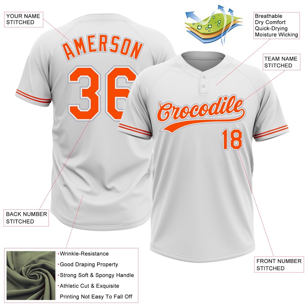 White Orange Gray Two Button Unisex Softball Jersey, Custom Team Softball Jersey