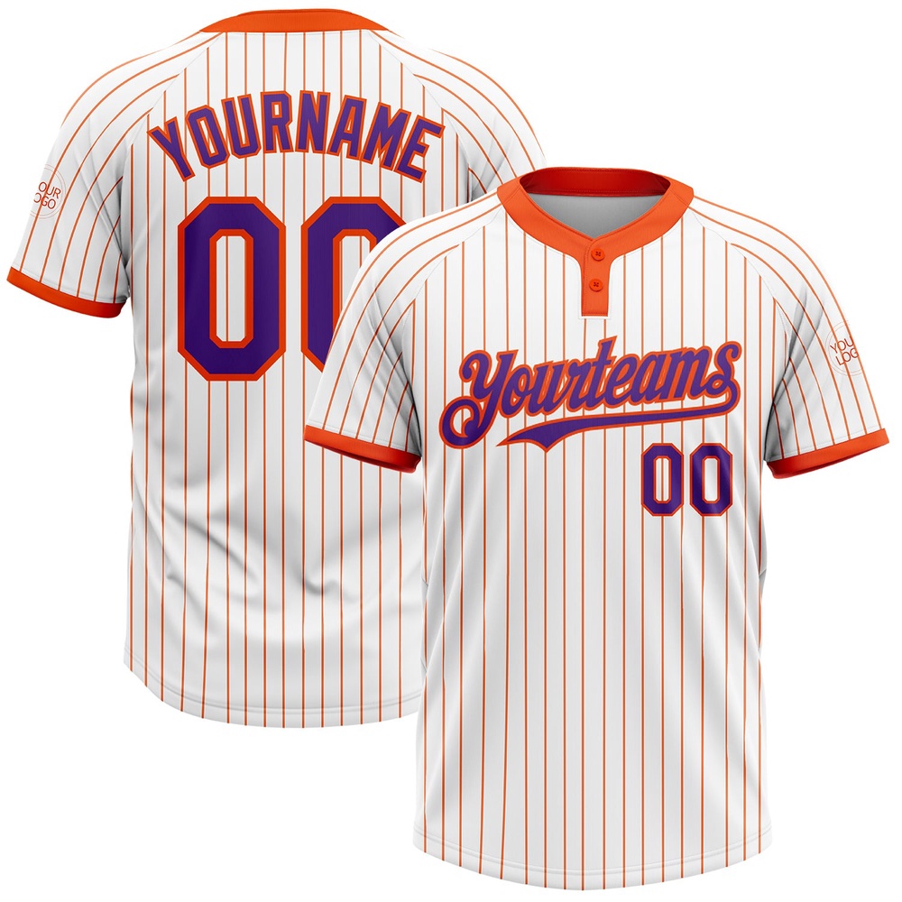 White Orange Pinstripe Purple Two Button Unisex Softball Jersey, Custom Team Softball Jersey