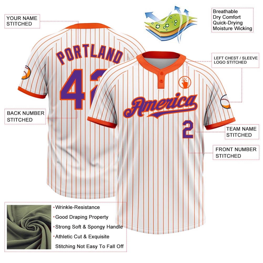 White Orange Pinstripe Purple Two Button Unisex Softball Jersey, Custom Team Softball Jersey
