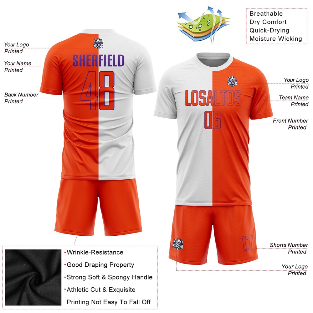 White Orange Purple Sublimation Split Fashion Soccer Uniform Jersey, Custom Team Soccer Jersey Shirt