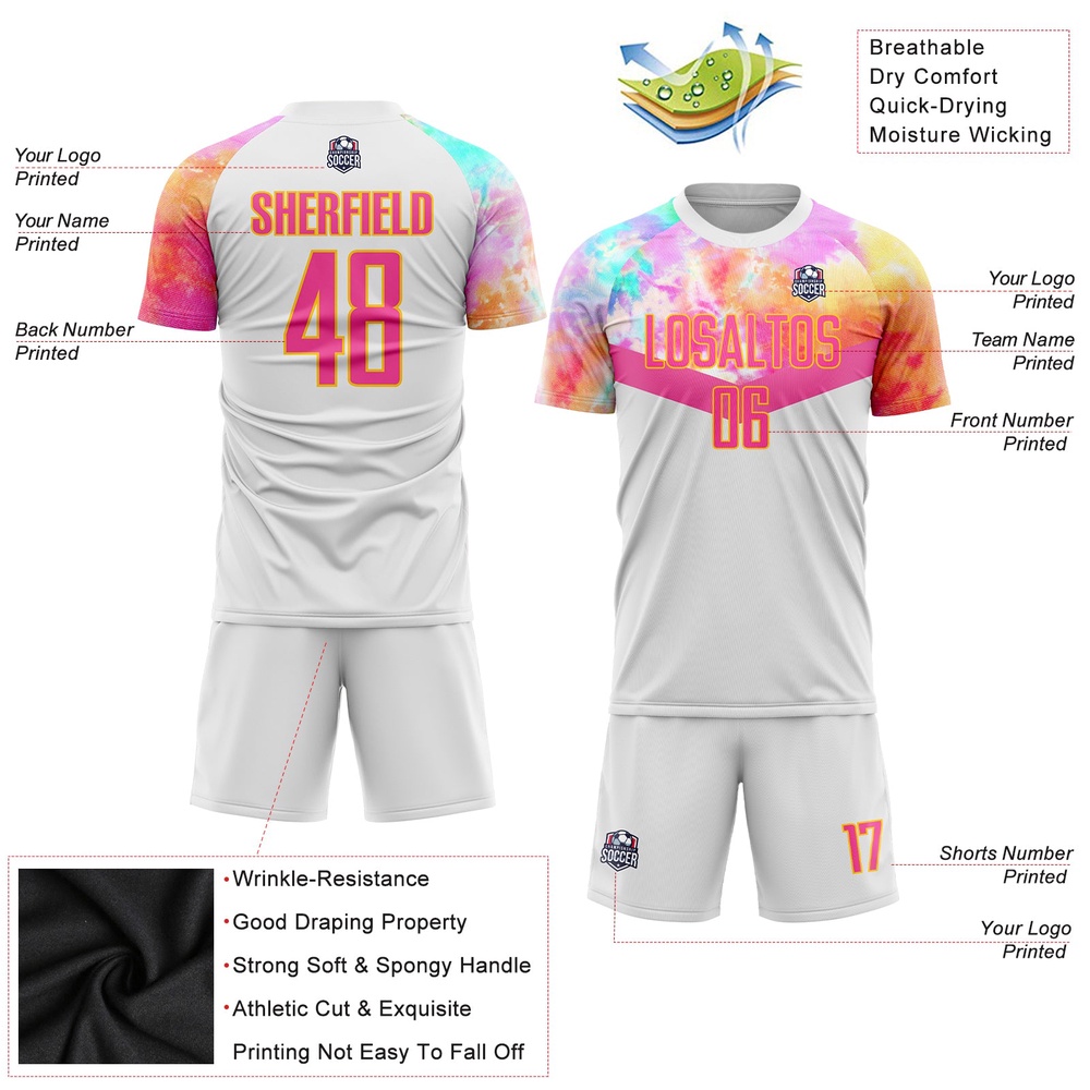 White Pink Gold Sublimation Soccer Uniform Jersey, Custom Team Soccer Jersey Shirt