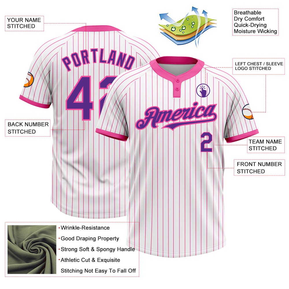 White Pink Pinstripe Purple Two Button Unisex Softball Jersey, Custom Team Softball Jersey