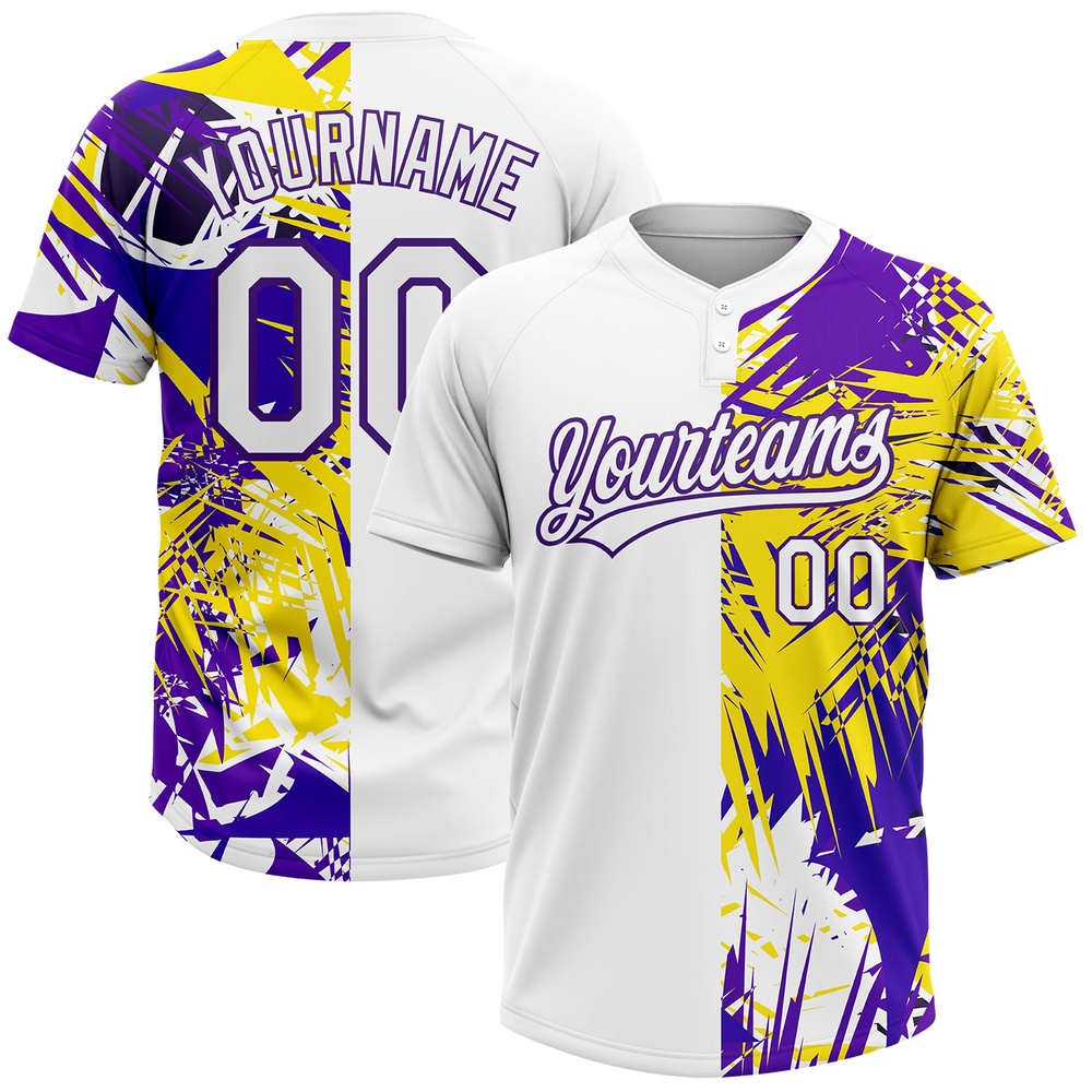 White Purple 3D Pattern Tropical Palm Leaves Two Button Unisex Softball Jersey, Custom Team Softball Jersey