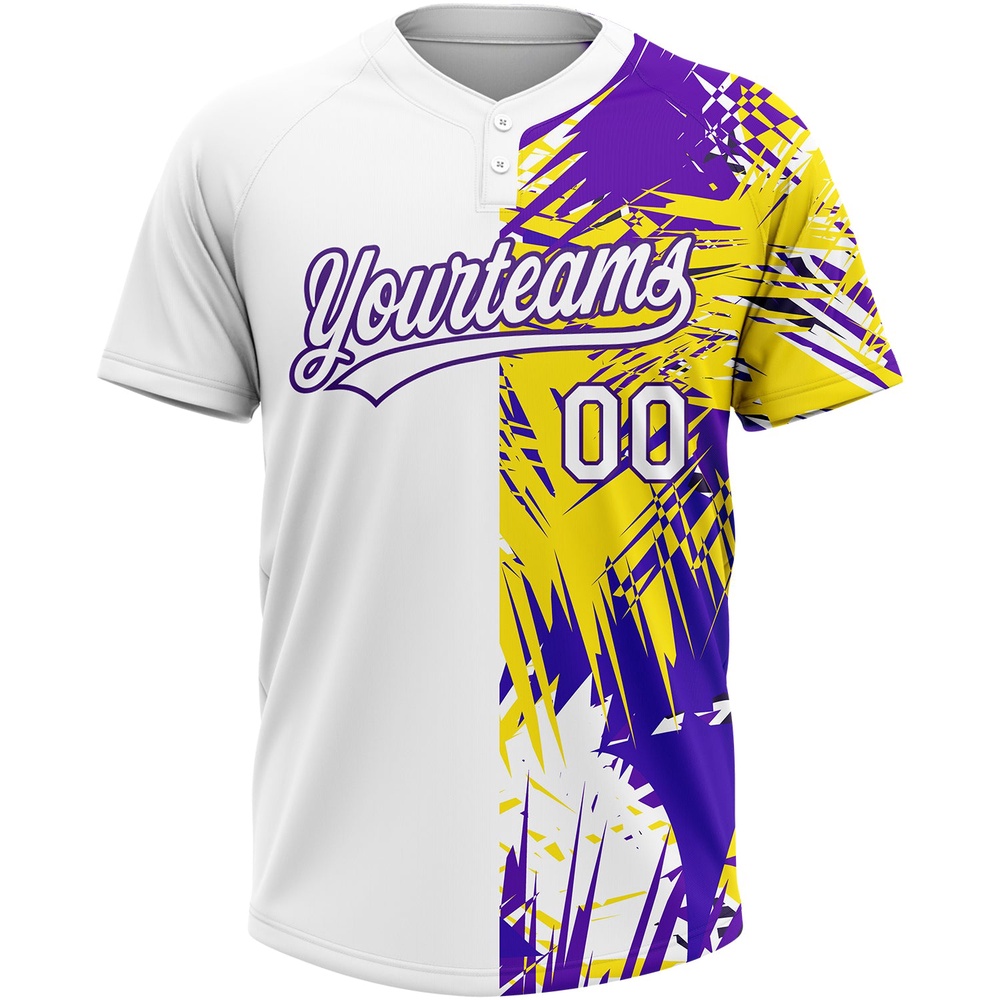 White Purple 3D Pattern Tropical Palm Leaves Two Button Unisex Softball Jersey, Custom Team Softball Jersey