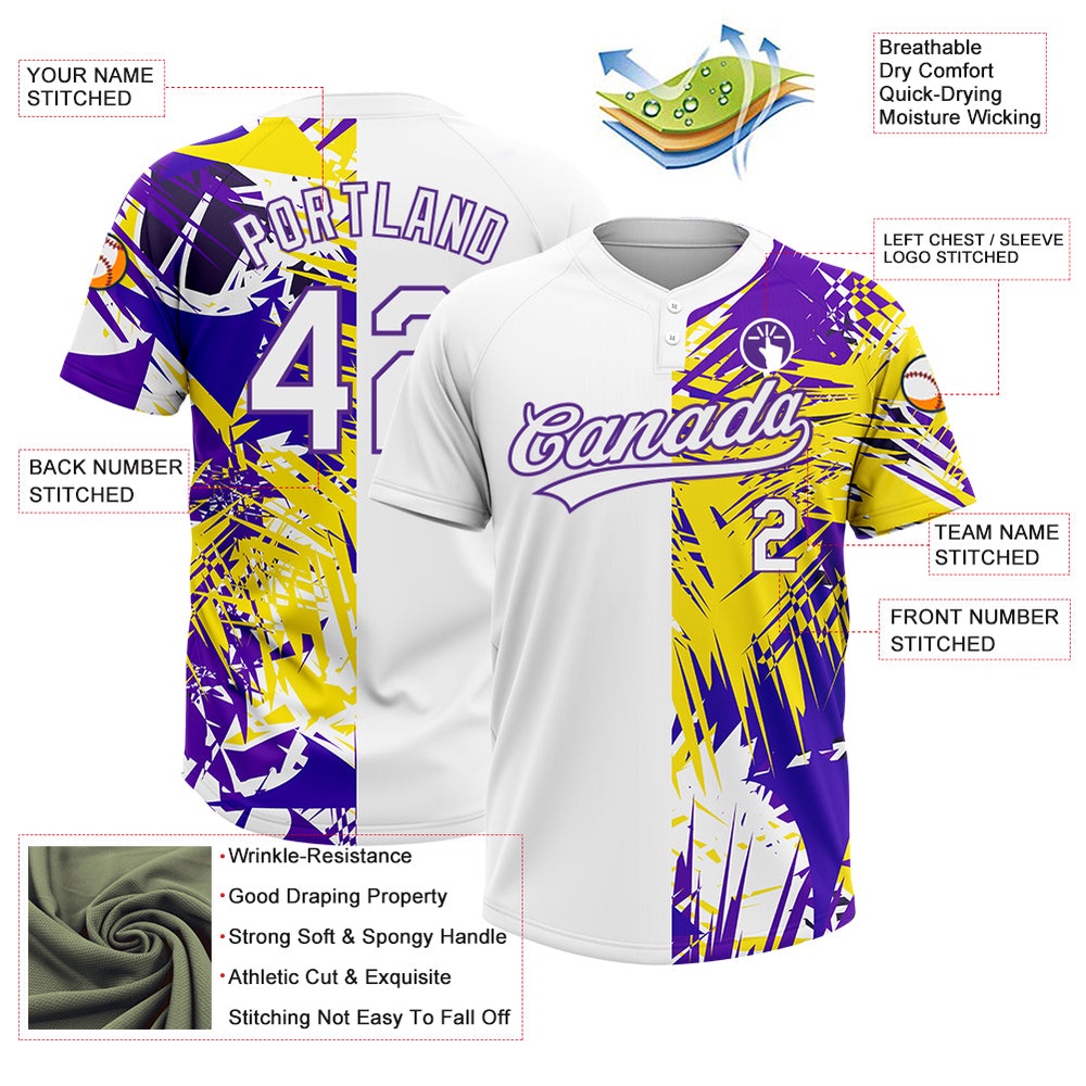 White Purple 3D Pattern Tropical Palm Leaves Two Button Unisex Softball Jersey, Custom Team Softball Jersey