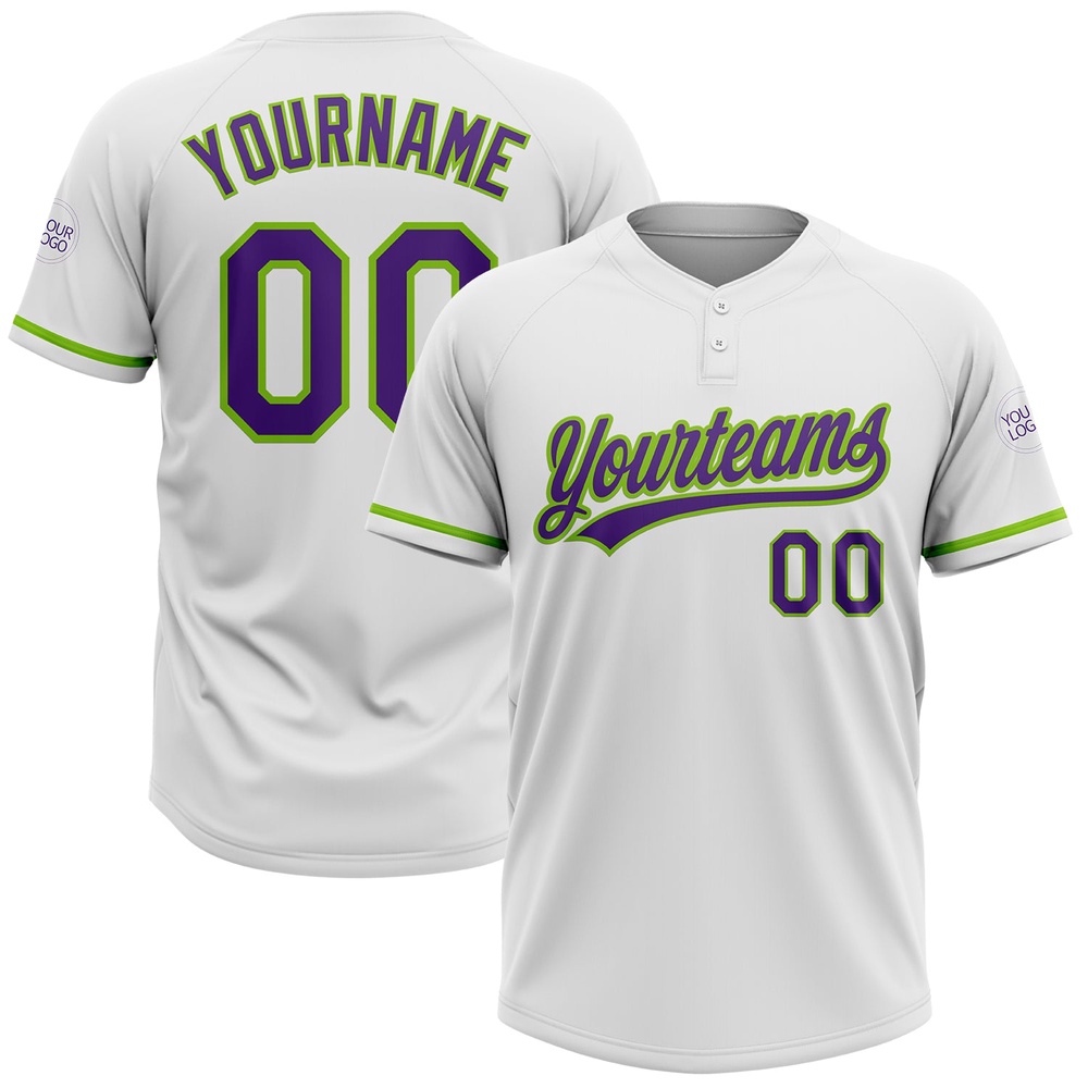 White Purple Neon Green Two Button Unisex Softball Jersey, Custom Team Softball Jersey