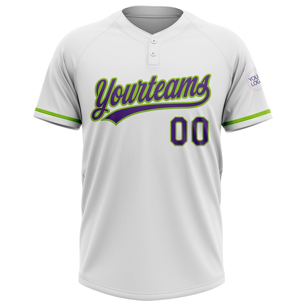 White Purple Neon Green Two Button Unisex Softball Jersey, Custom Team Softball Jersey