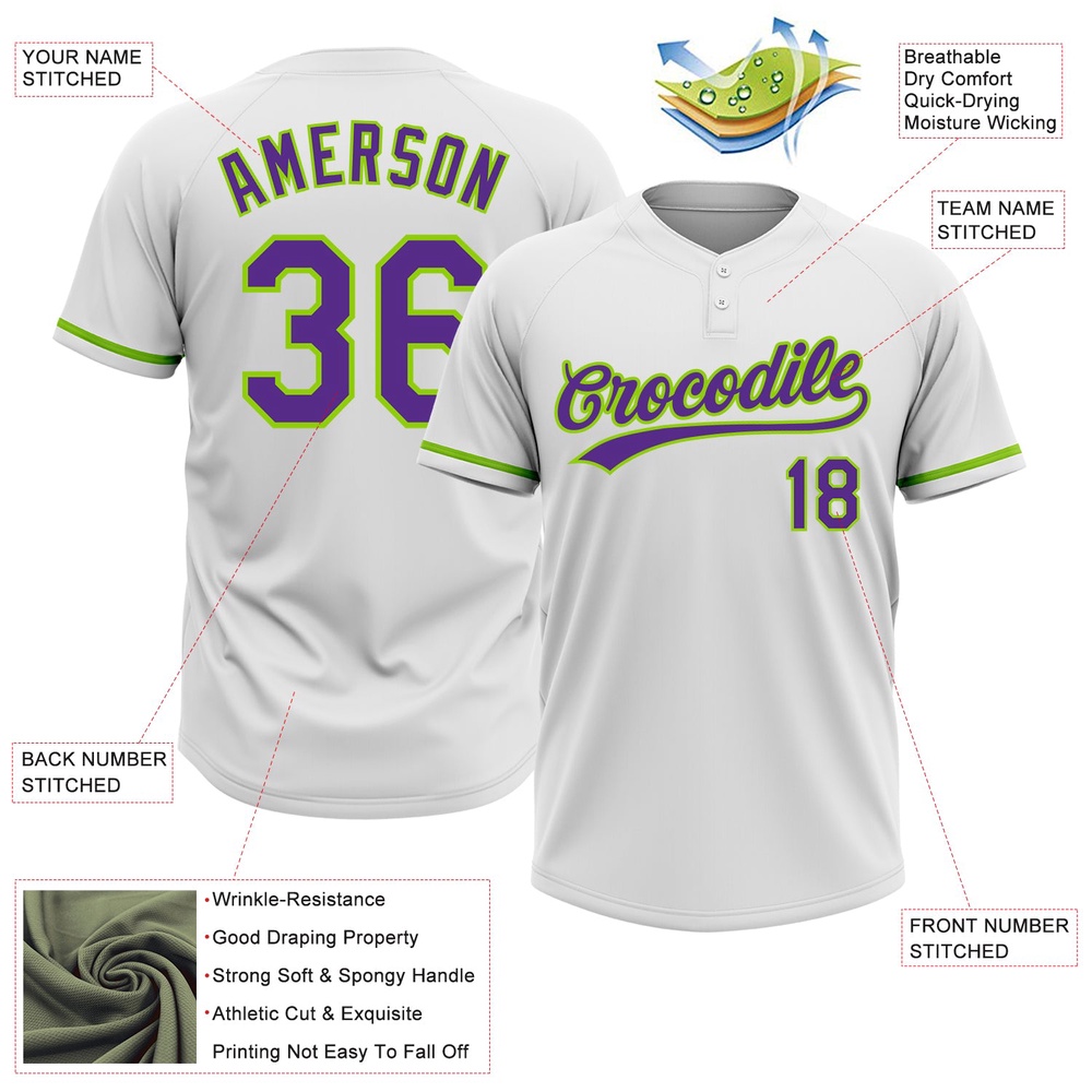 White Purple Neon Green Two Button Unisex Softball Jersey, Custom Team Softball Jersey