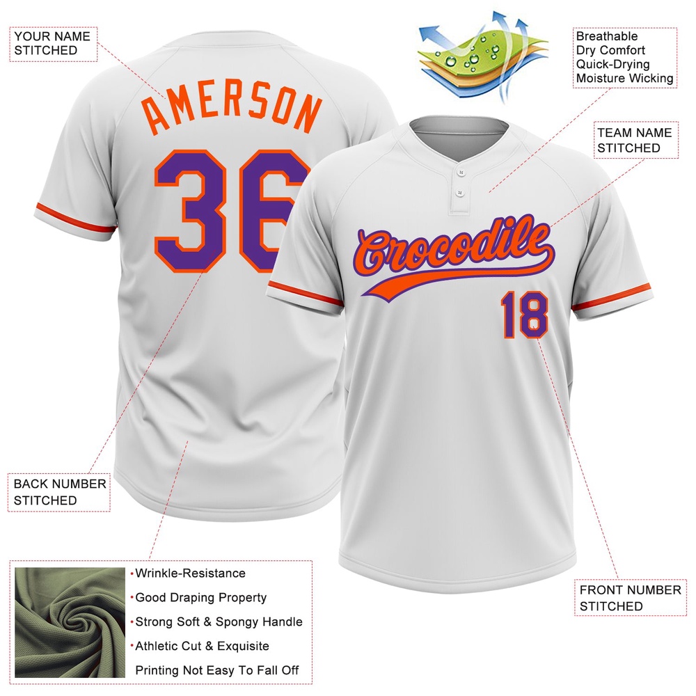 White Purple Orange Two Button Unisex Softball Jersey, Custom Team Softball Jersey