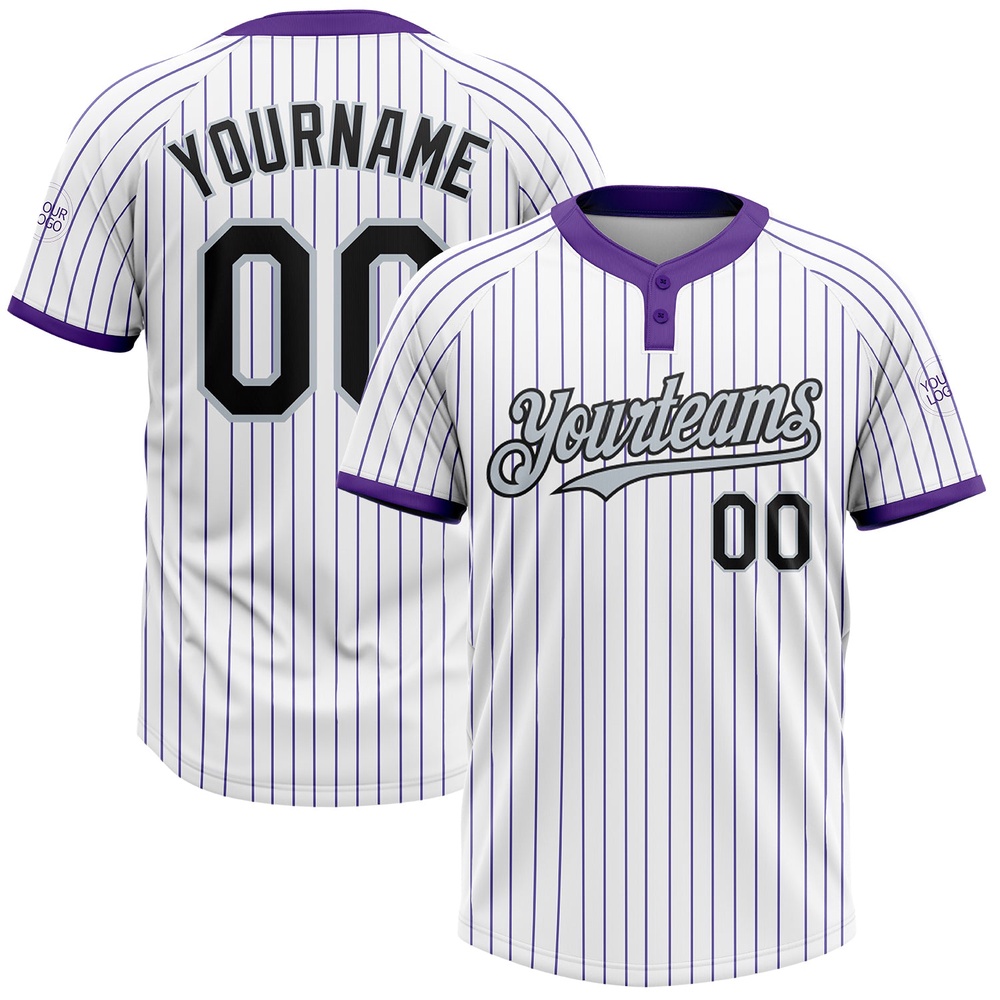 White Purple Pinstripe Black Silver Two Button Unisex Softball Jersey, Custom Team Softball Jersey