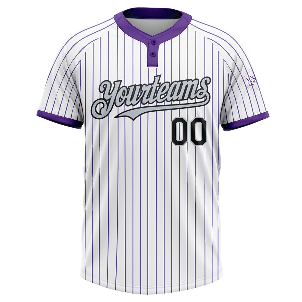 White Purple Pinstripe Black Silver Two Button Unisex Softball Jersey, Custom Team Softball Jersey
