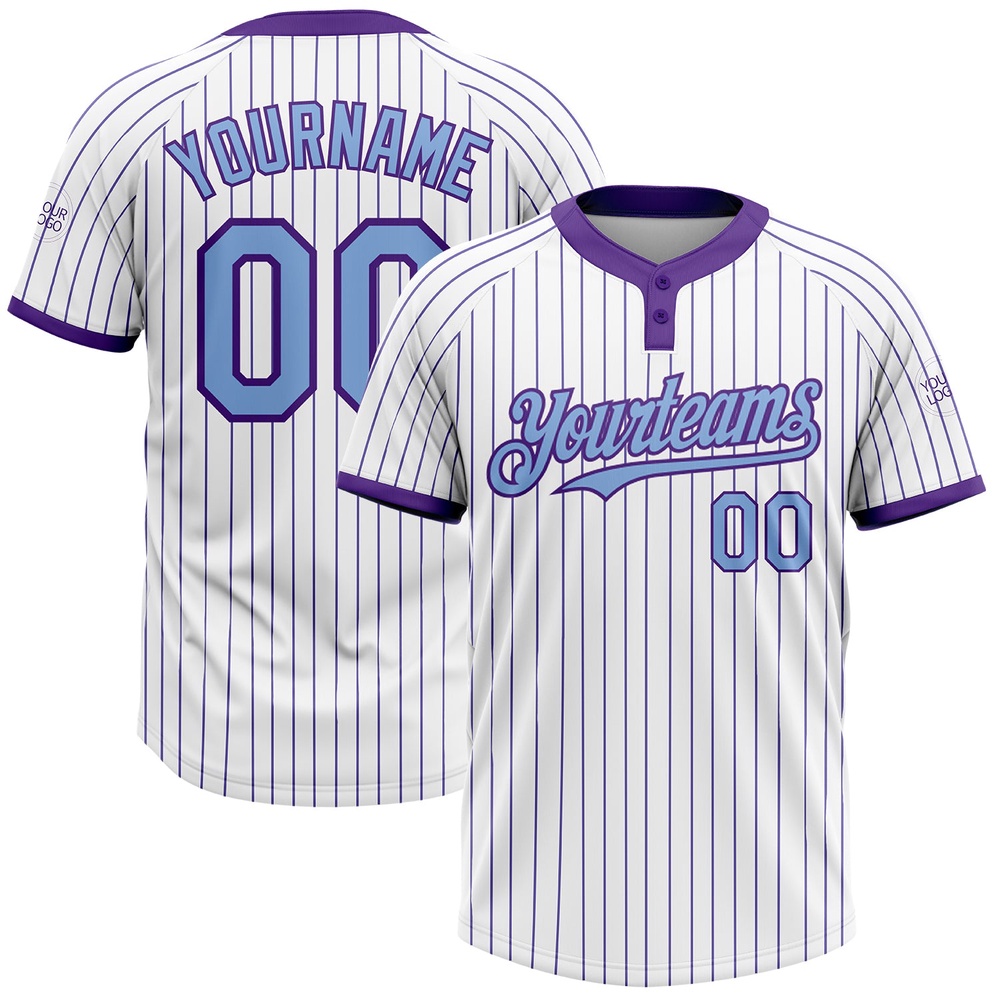 White Purple Pinstripe Light Blue Two Button Unisex Softball Jersey, Custom Team Softball Jersey
