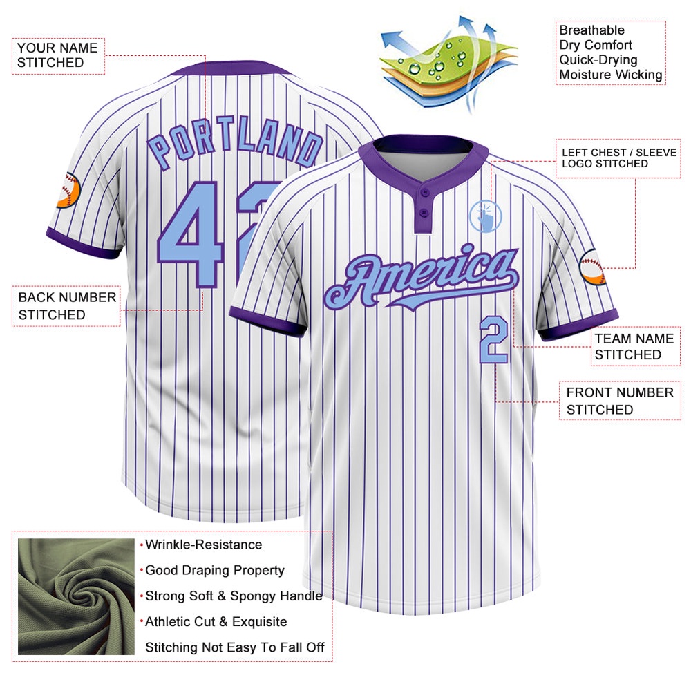 White Purple Pinstripe Light Blue Two Button Unisex Softball Jersey, Custom Team Softball Jersey