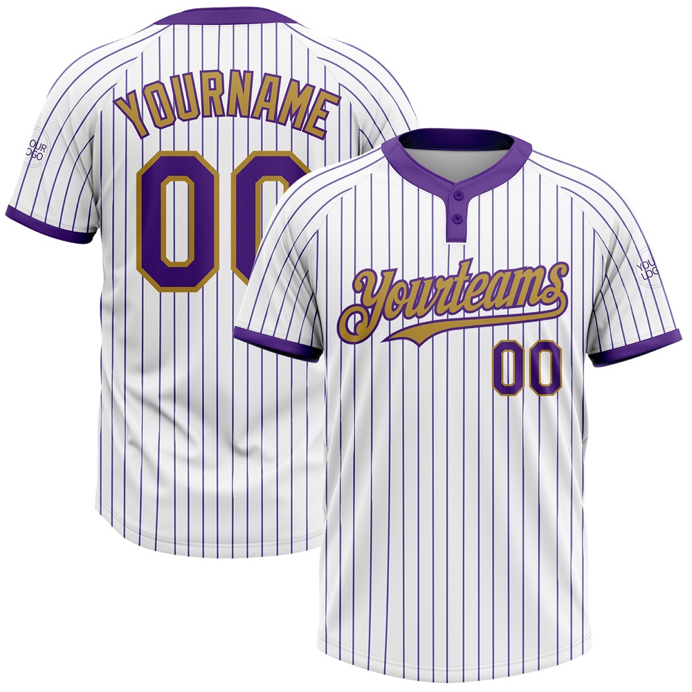 White Purple Pinstripe Old Gold Two Button Unisex Softball Jersey, Custom Team Softball Jersey White Purple Pinstripe Old Gold Two Button Unisex Softball Jersey, Custom Team Softball Jersey