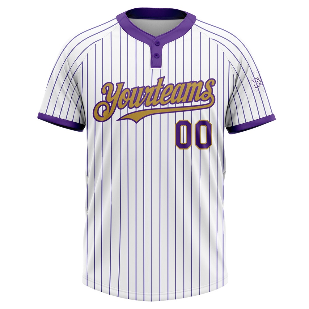 White Purple Pinstripe Old Gold Two Button Unisex Softball Jersey, Custom Team Softball Jersey White Purple Pinstripe Old Gold Two Button Unisex Softball Jersey, Custom Team Softball Jersey