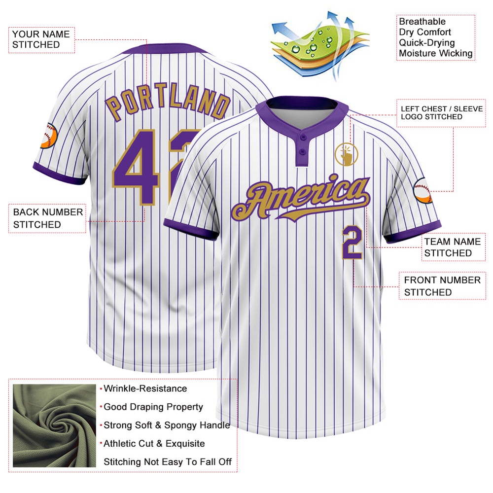 White Purple Pinstripe Old Gold Two Button Unisex Softball Jersey, Custom Team Softball Jersey White Purple Pinstripe Old Gold Two Button Unisex Softball Jersey, Custom Team Softball Jersey