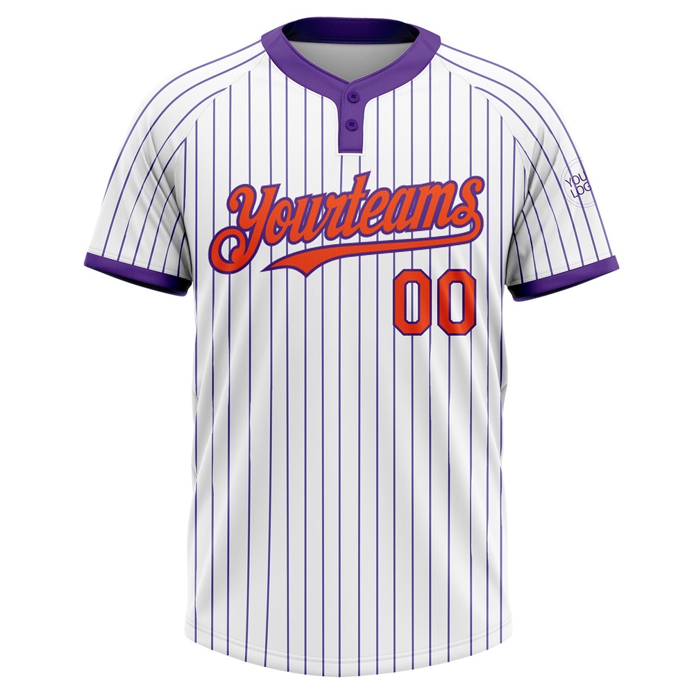 White Purple Pinstripe Orange Two Button Unisex Softball Jersey, Custom Team Softball Jersey White Purple Pinstripe Orange Two Button Unisex Softball Jersey, Custom Team Softball Jersey