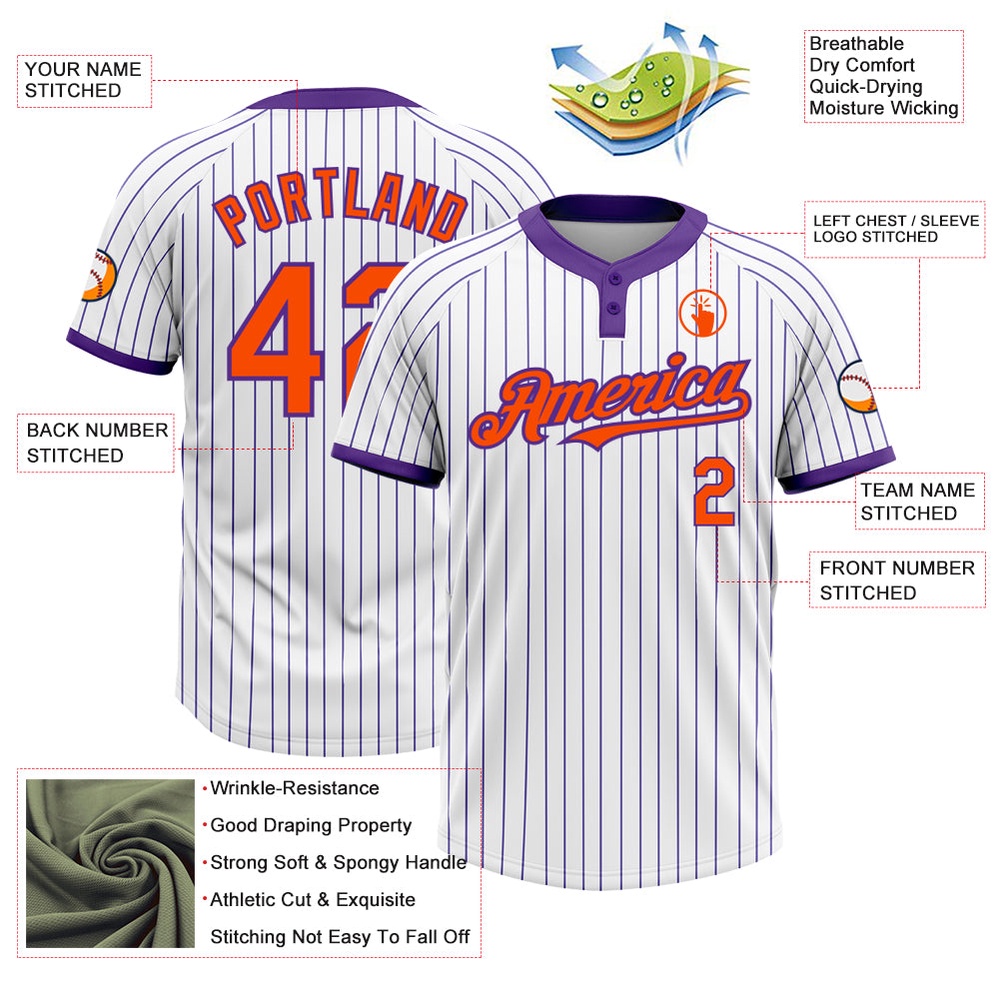 White Purple Pinstripe Orange Two Button Unisex Softball Jersey, Custom Team Softball Jersey White Purple Pinstripe Orange Two Button Unisex Softball Jersey, Custom Team Softball Jersey