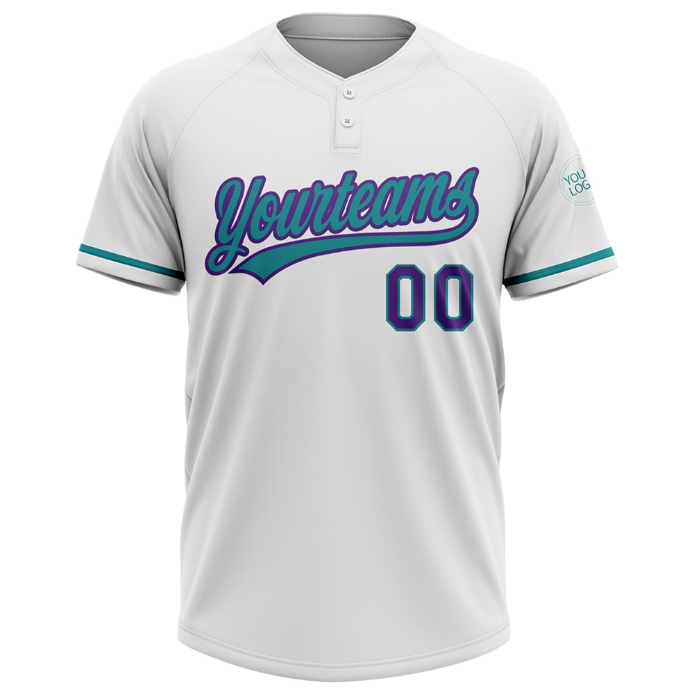 White Purple Teal Two Button Unisex Softball Jersey, Custom Team Softball Jersey