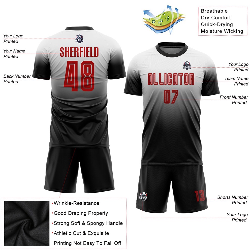 White Red Black Sublimation Fade Fashion Soccer Uniform Jersey, Custom Team Soccer Jersey Shirt
