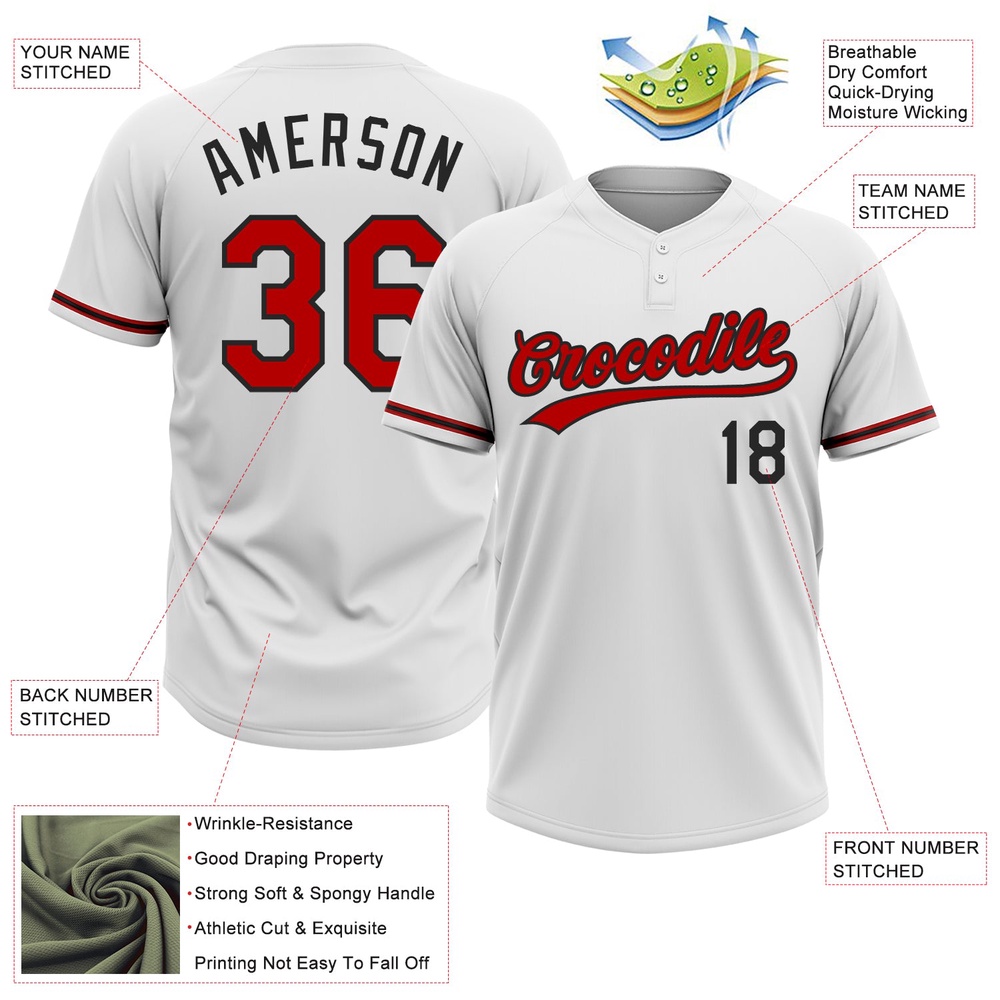 White Red Black Two Button Unisex Softball Jersey, Custom Team Softball Jersey