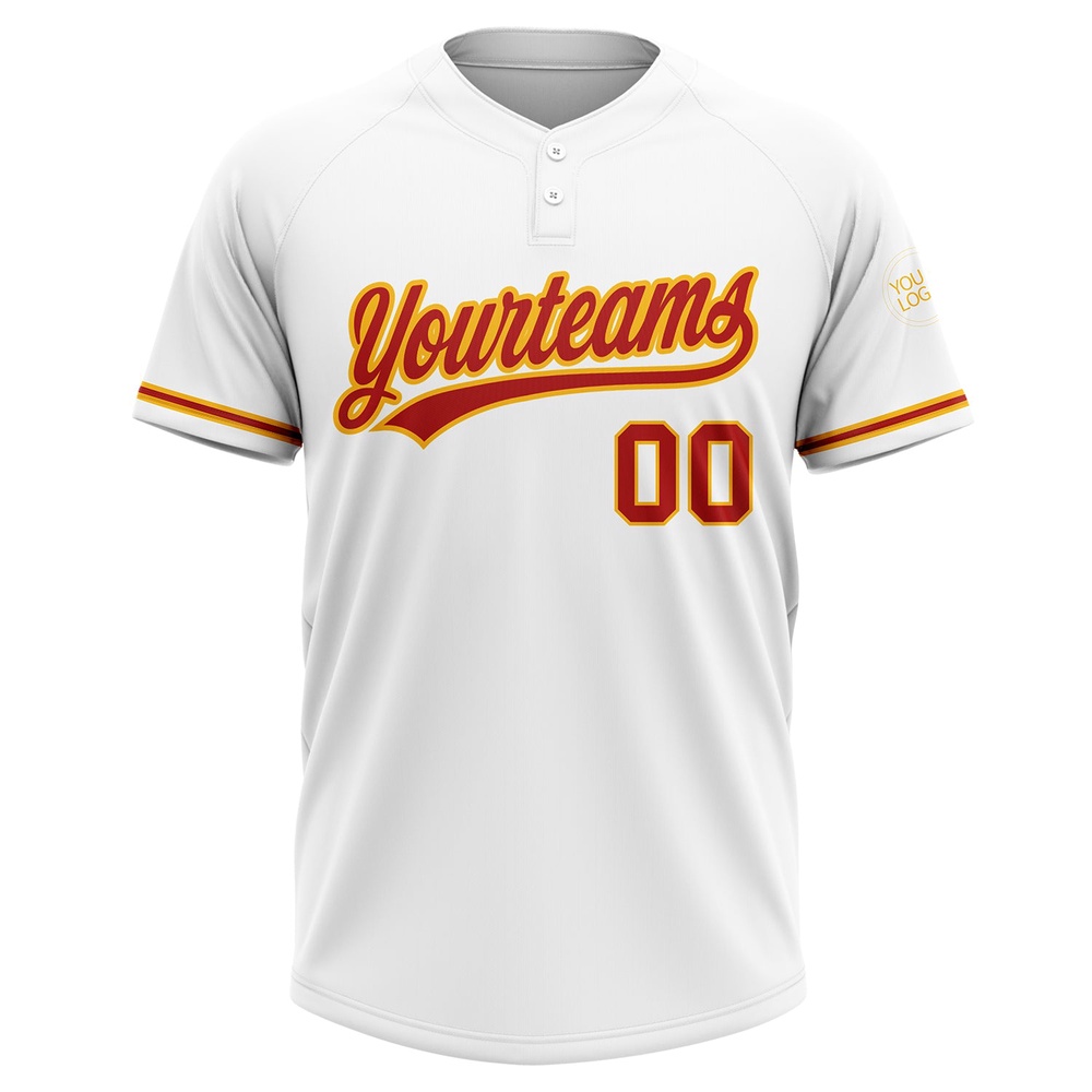 White Red Gold Two Button Unisex Softball Jersey, Custom Team Softball Jersey