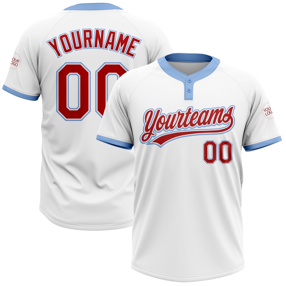 White Red Light Blue Two Button Unisex Softball Jersey, Custom Team Softball Jersey White Red Light Blue Two Button Unisex Softball Jersey, Custom Team Softball Jersey