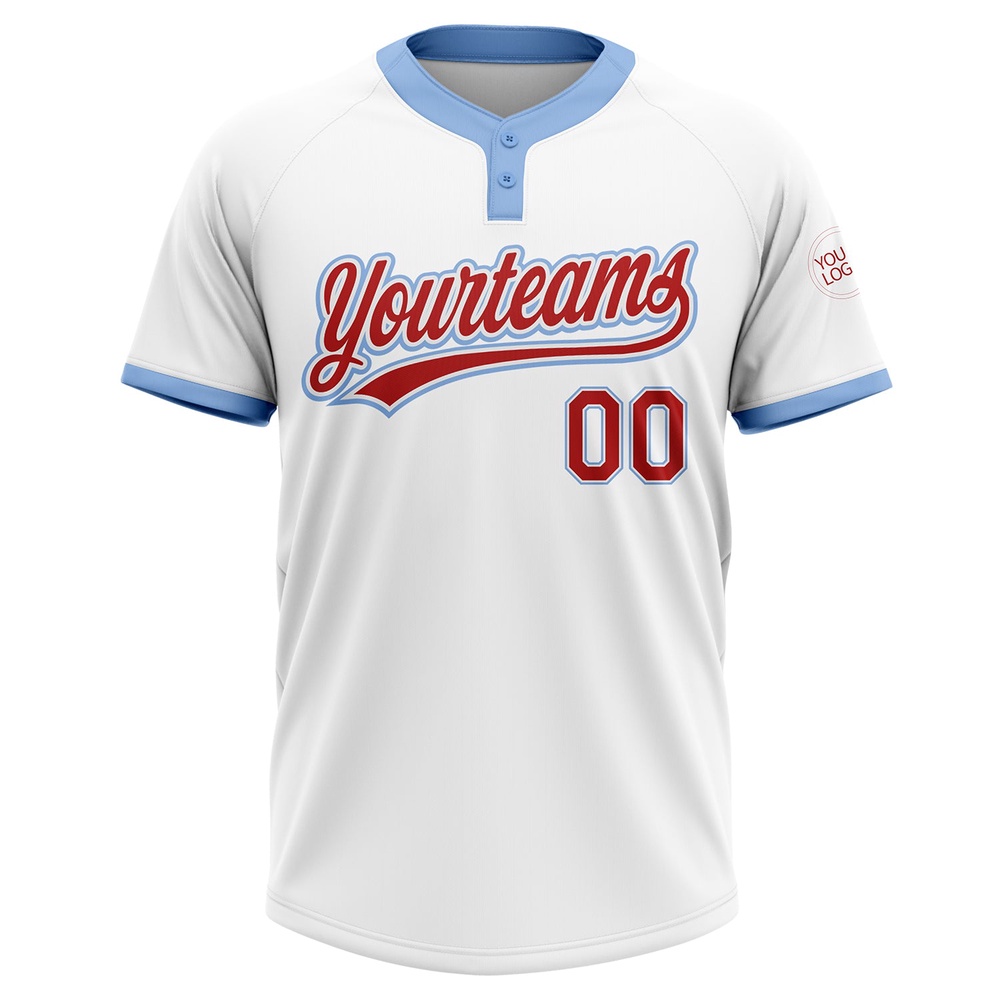 White Red Light Blue Two Button Unisex Softball Jersey, Custom Team Softball Jersey White Red Light Blue Two Button Unisex Softball Jersey, Custom Team Softball Jersey