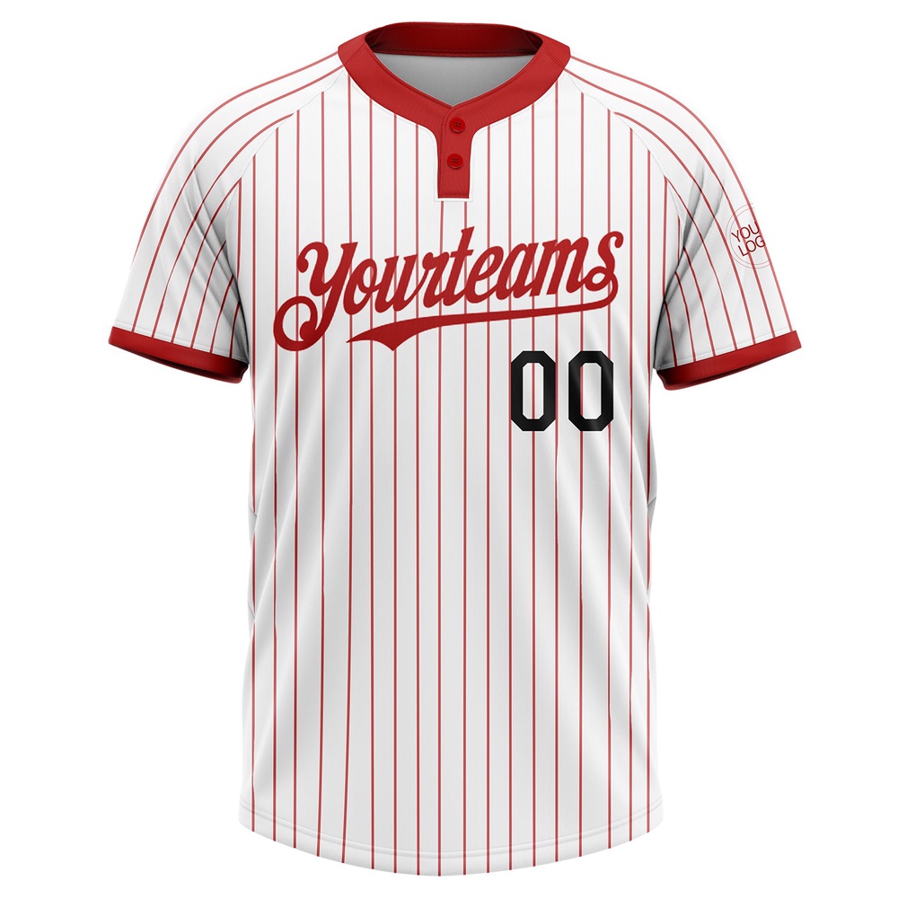White Red Pinstripe Black Two Button Unisex Softball Jersey, Custom Team Softball Jersey White Red Pinstripe Black Two Button Unisex Softball Jersey, Custom Team Softball Jersey