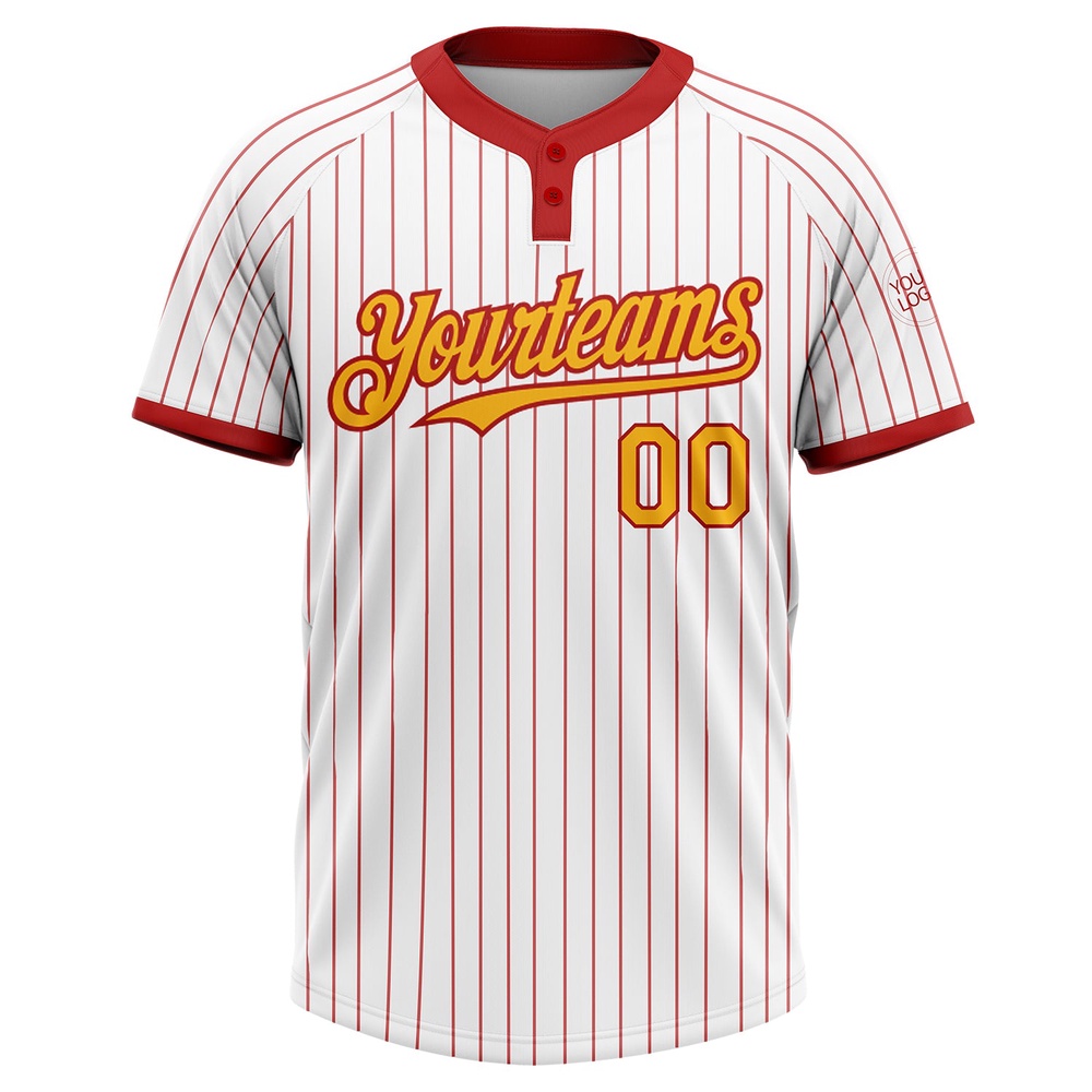 White Red Pinstripe Gold Two Button Unisex Softball Jersey, Custom Team Softball Jersey White Red Pinstripe Gold Two Button Unisex Softball Jersey, Custom Team Softball Jersey
