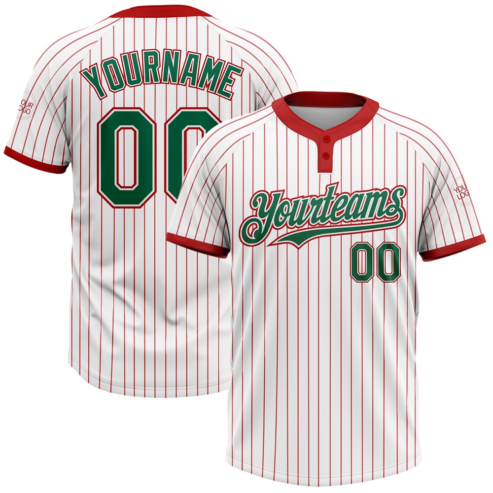 White Red Pinstripe Kelly Green Two Button Unisex Softball Jersey, Custom Team Softball Jersey