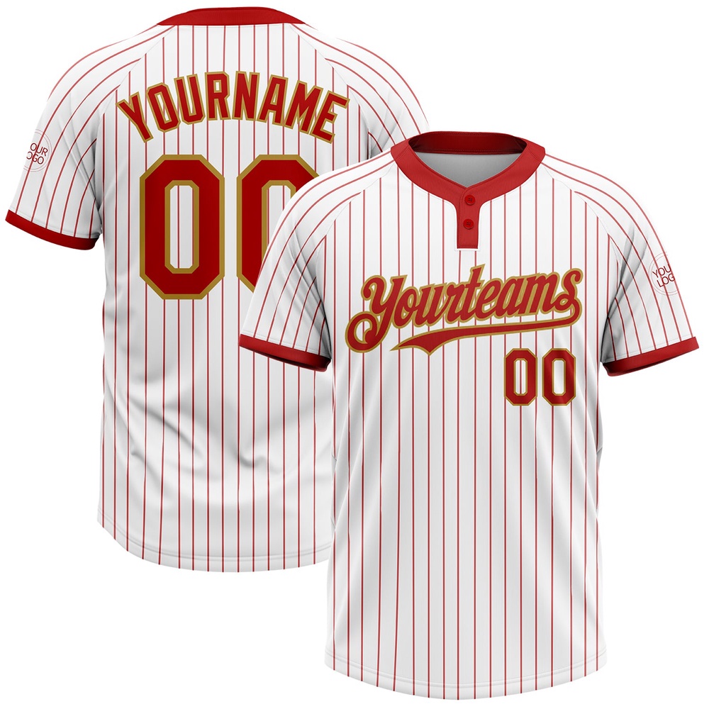White Red Pinstripe Old Gold Two Button Unisex Softball Jersey, Custom Team Softball Jersey