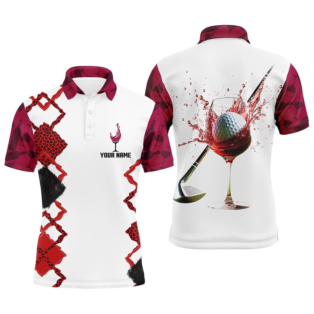 White Red Wine Leopard Golf Shirts For Men Custom Name Men’s Golf Polo Shirts Golfing Gifts, Golf Polo Shirt, Golf Shirts