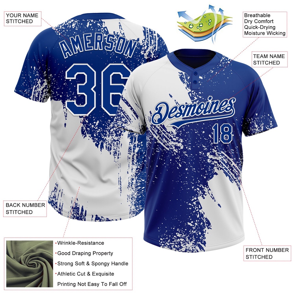 White Royal 3D Pattern Abstract Brush Stroke Two Button Unisex Softball Jersey, Custom Team Softball Jersey