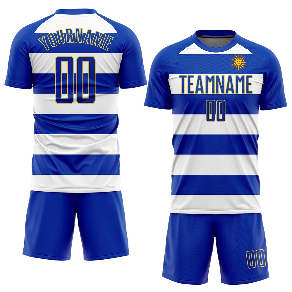 White Royal Gold Sublimation Uruguayan Flag Soccer Uniform Jersey, Custom Team Soccer Jersey Shirt
