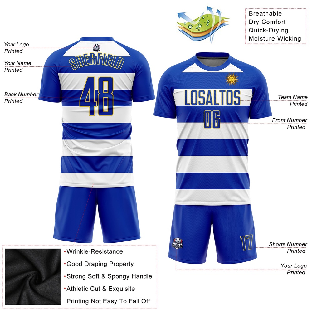 White Royal Gold Sublimation Uruguayan Flag Soccer Uniform Jersey, Custom Team Soccer Jersey Shirt