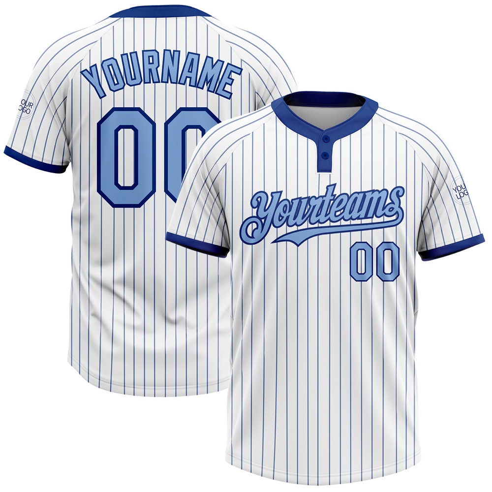 White Royal Pinstripe Light Blue Two Button Unisex Softball Jersey, Custom Team Softball Jersey