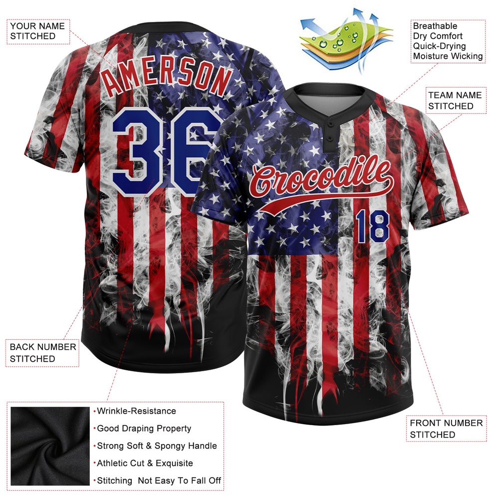 White Royal Red 3D American Flag Fashion Two Button Unisex Softball Jersey, Custom Team Softball Jersey