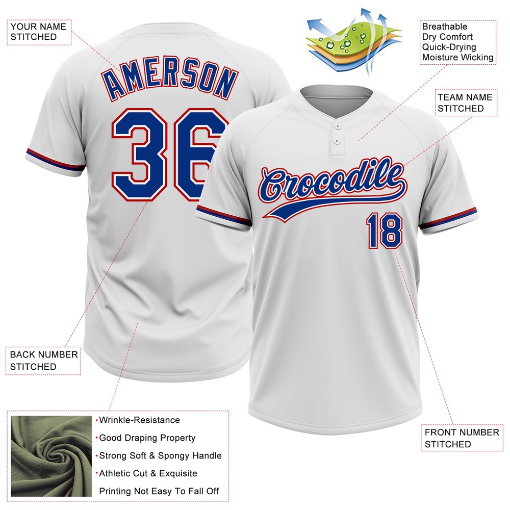 White Royal Red Two Button Unisex Softball Jersey, Custom Team Softball Jersey