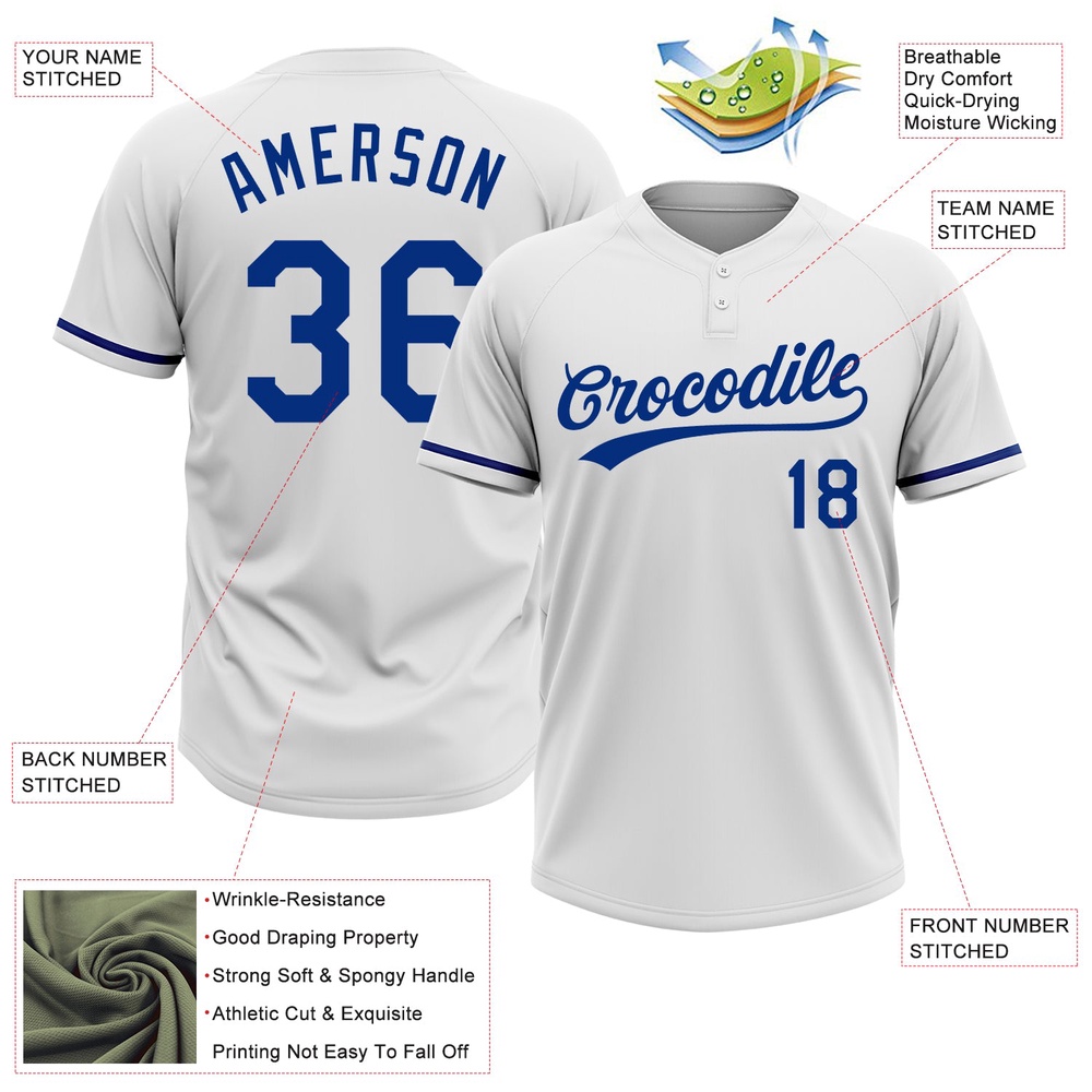 White Royal Two Button Unisex Softball Jersey, Custom Team Softball Jersey